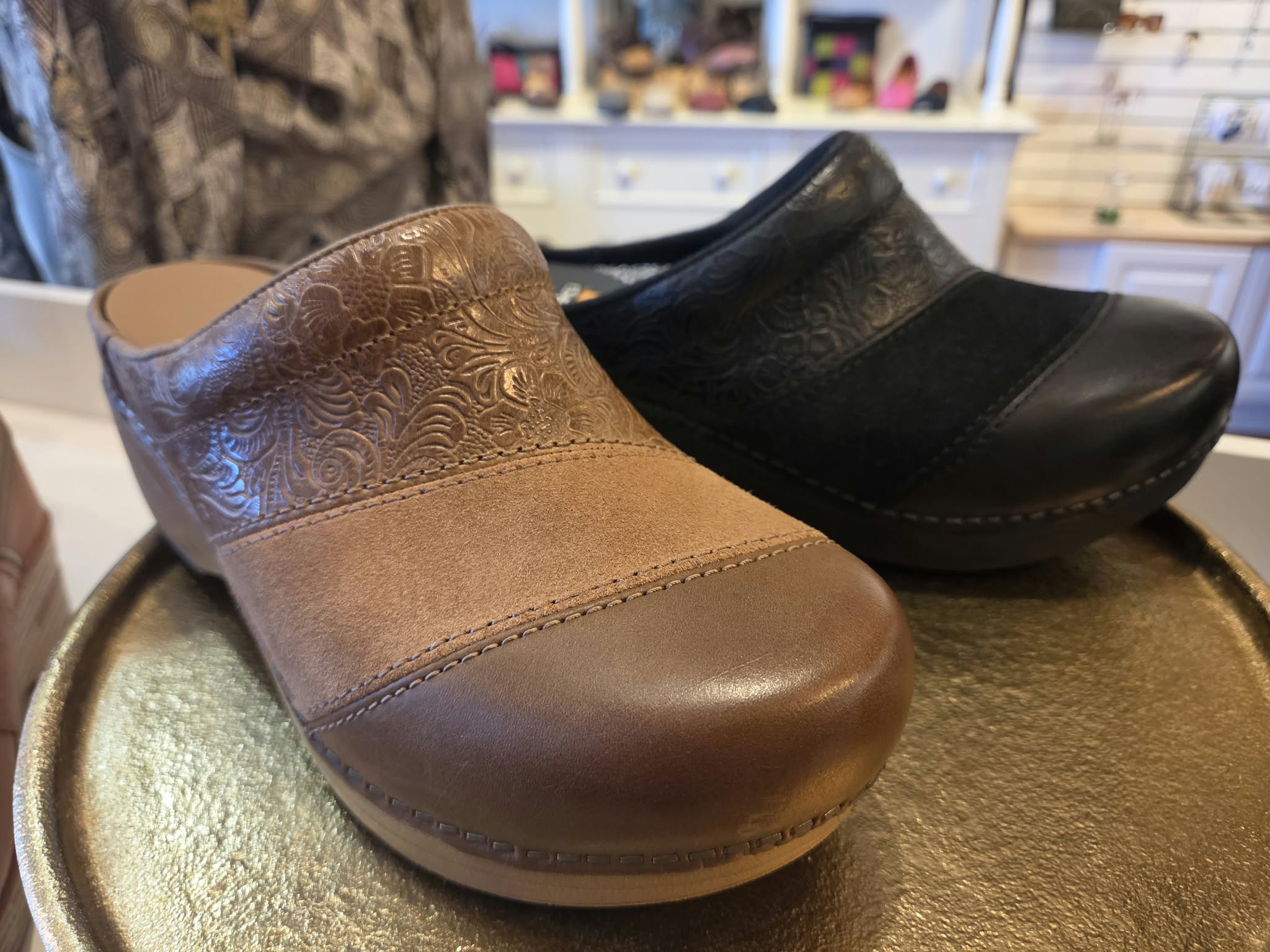 Brown and black comfort shoes displayed at Rogue Sole & Style in Grants Pass, Oregon