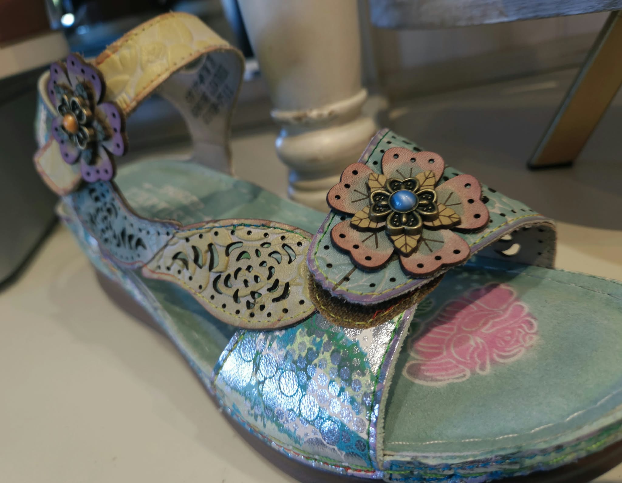 Blue floral leather sandal at Rogue Sole & Style in Grants Pass